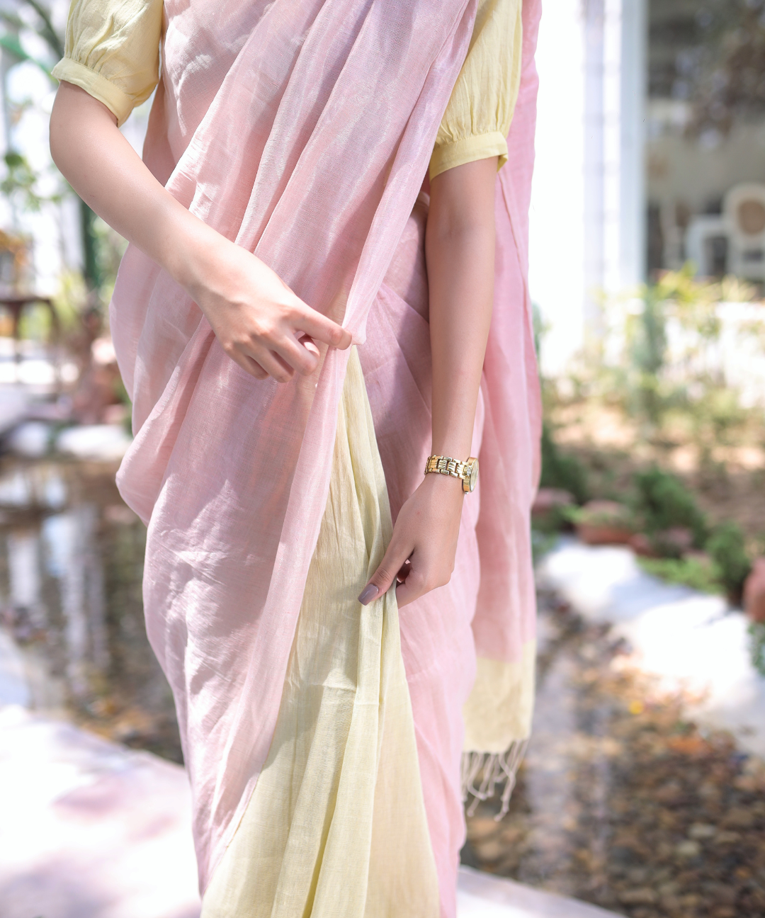 Pink yellow linen zari saree