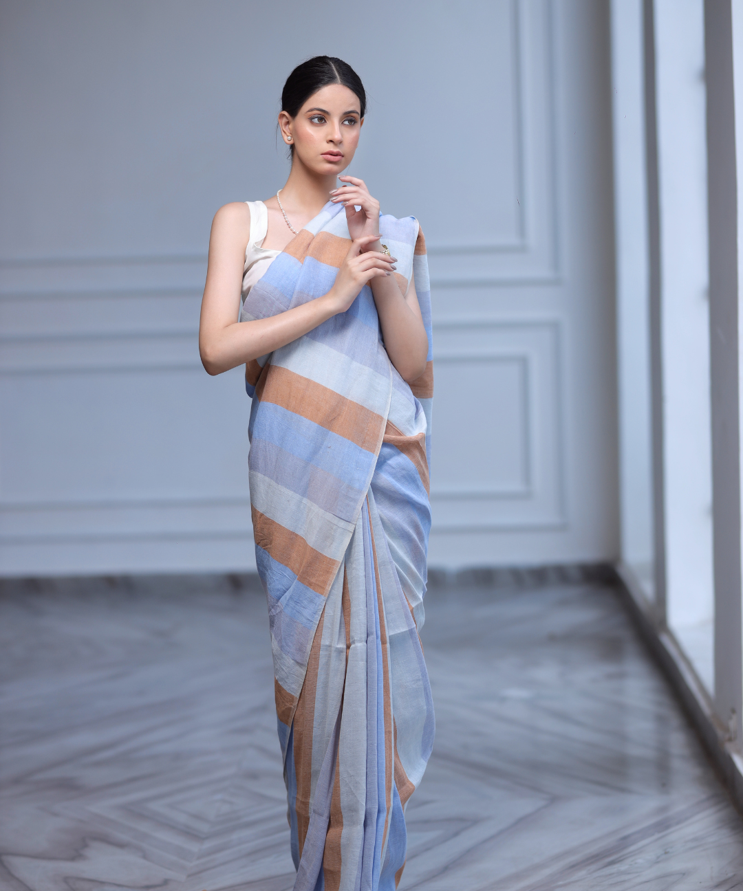 Multicolored striped handwoven linen saree