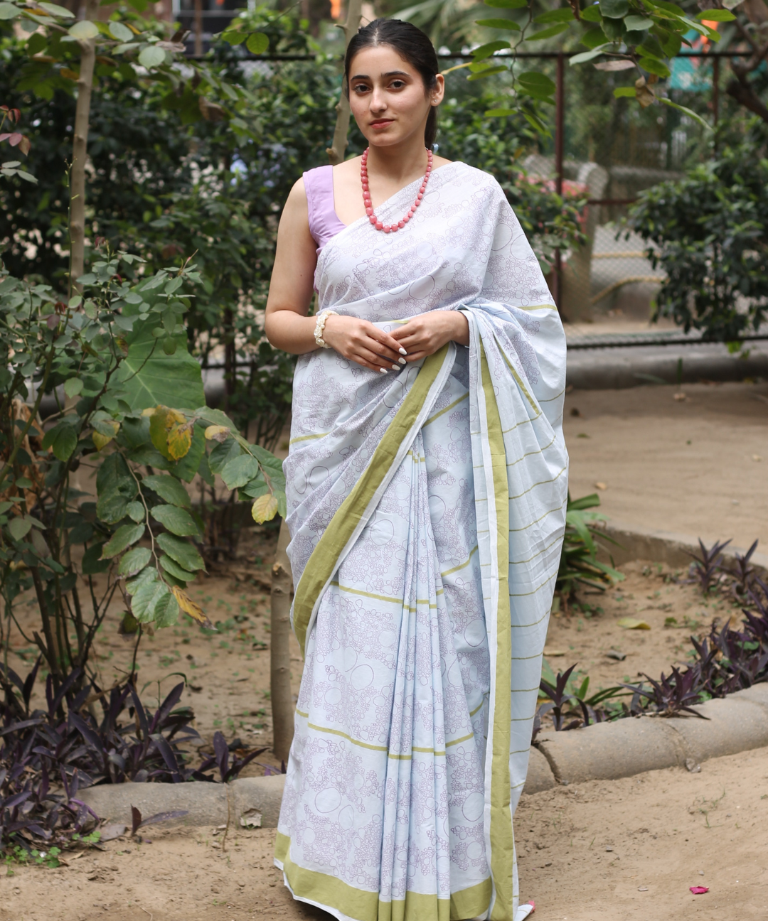 Blue summer morning block printed mulmul saree