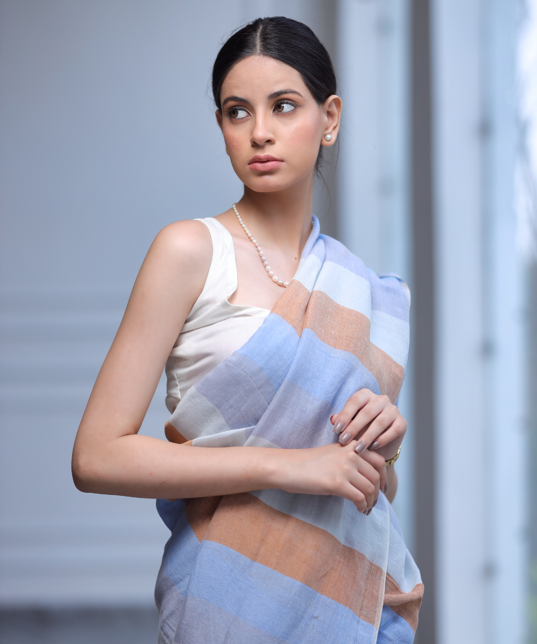 Multicolored striped handwoven linen saree
