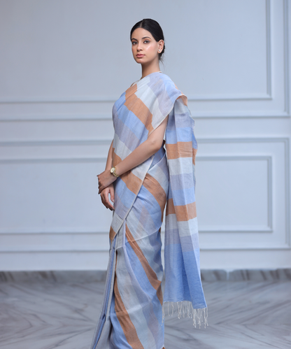 Multicolored striped handwoven linen saree