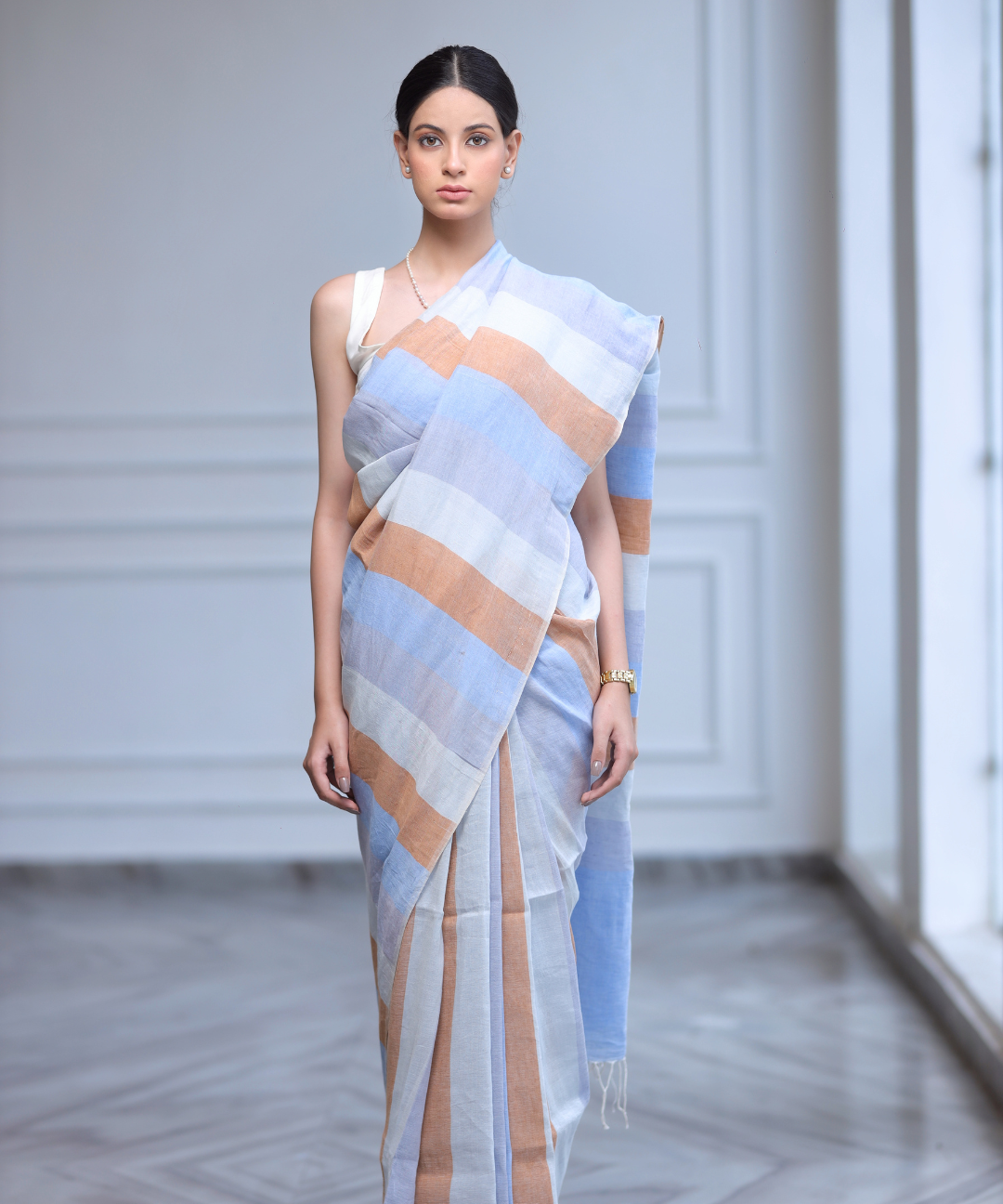 Multicolored striped handwoven linen saree
