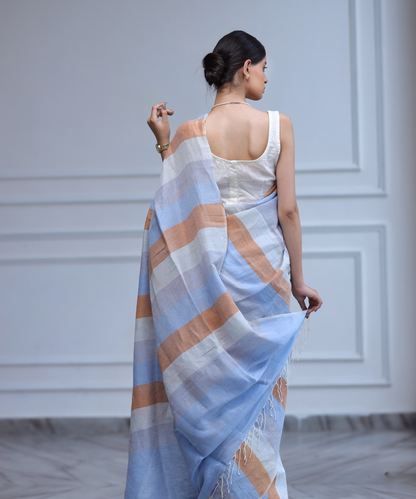 Multicolored striped handwoven linen saree