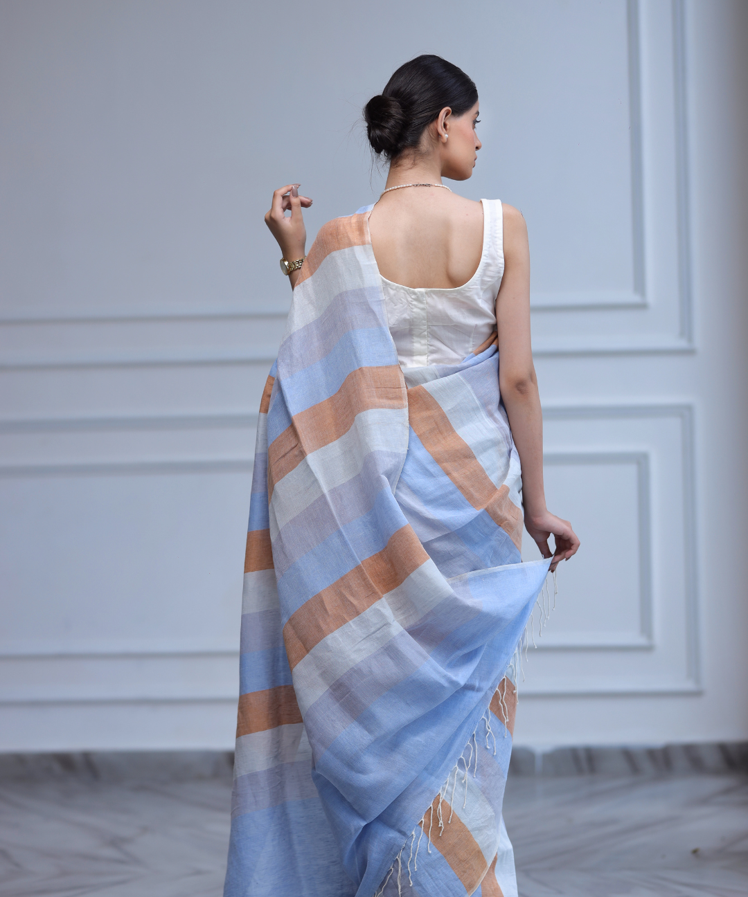 Multicolored striped handwoven linen saree