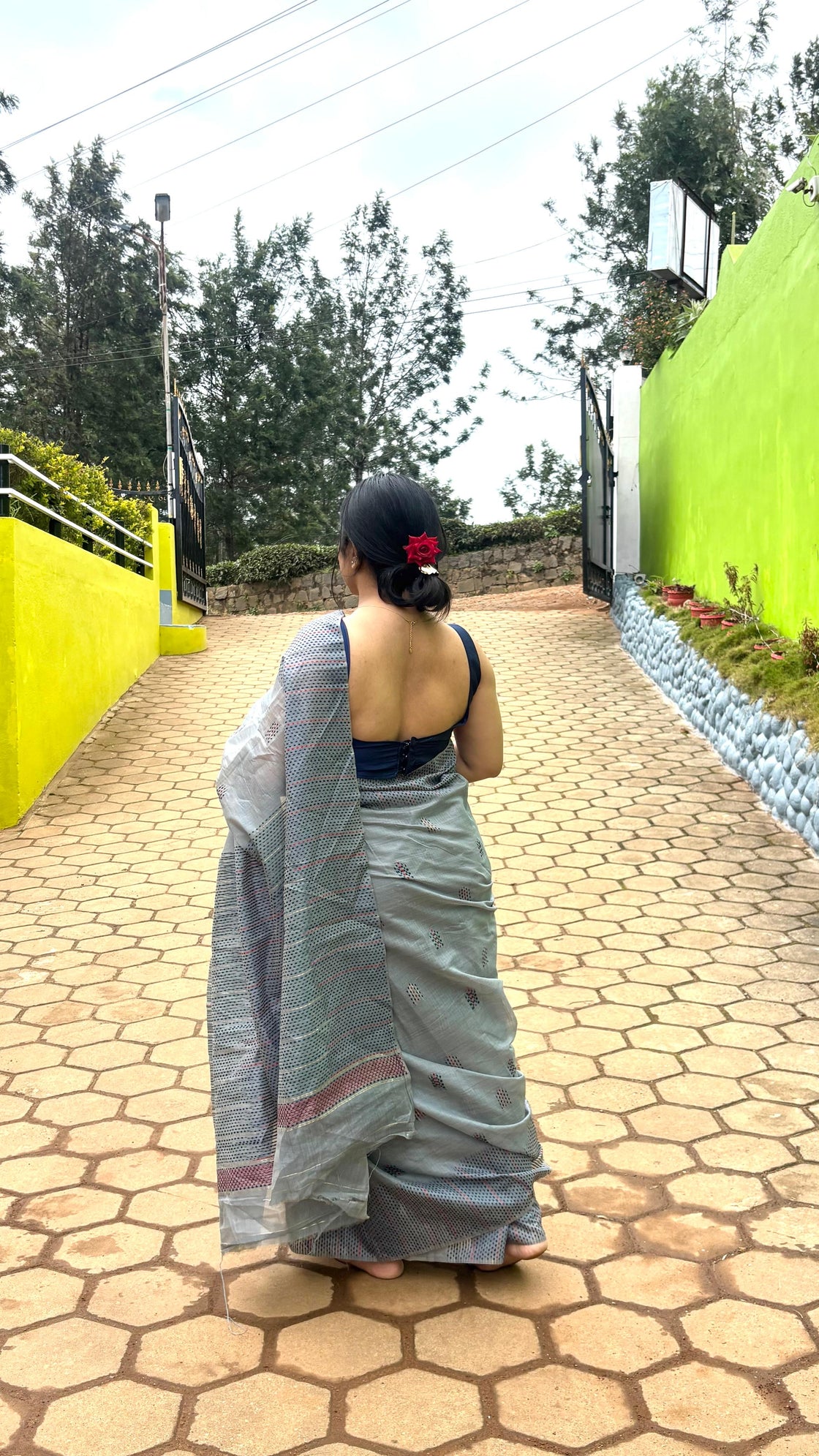 Grey chanderi cotton kantha saree