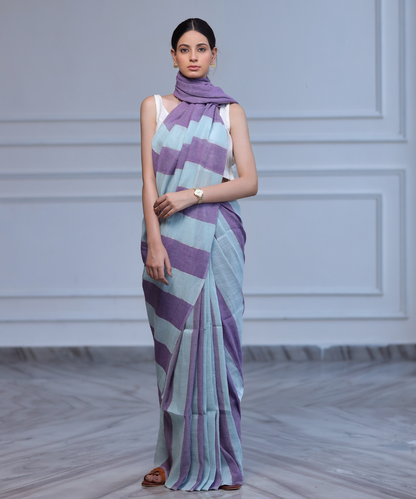 Purple blue striped handwoven linen zari saree
