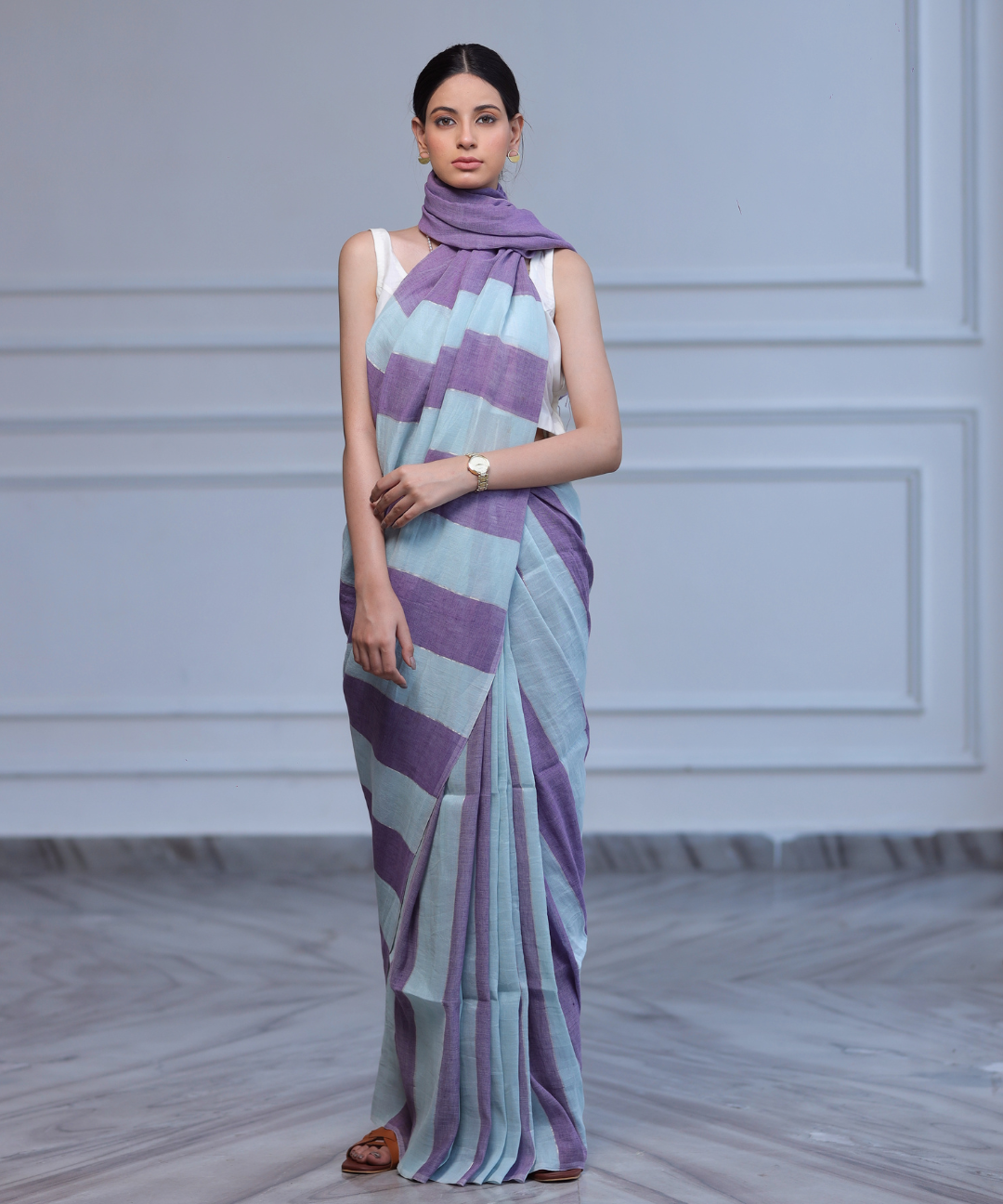 Purple blue striped handwoven linen zari saree