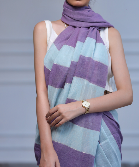 Purple blue striped handwoven linen zari saree