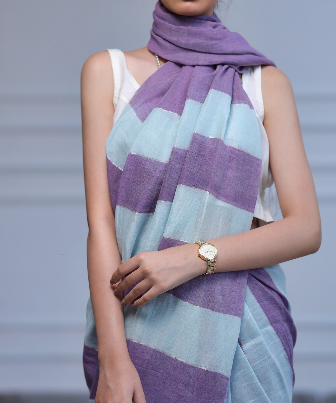 Purple blue striped handwoven linen zari saree
