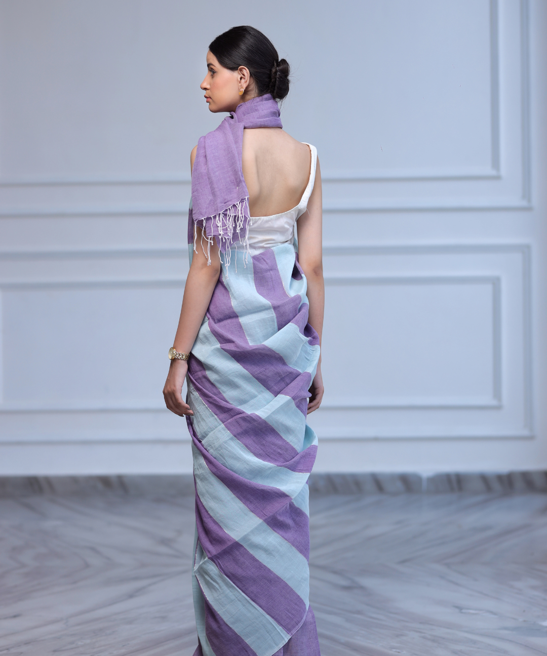Purple blue striped handwoven linen zari saree