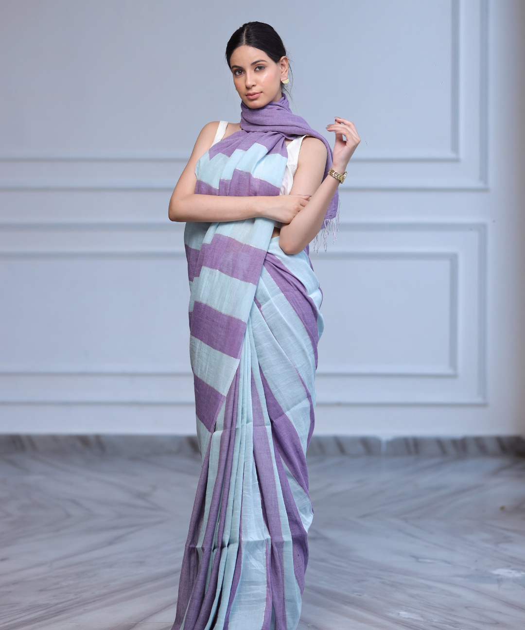 Purple blue striped handwoven linen zari saree