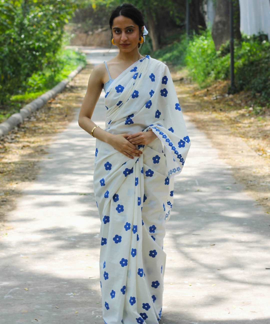 White summer bloom block printed mulmul saree