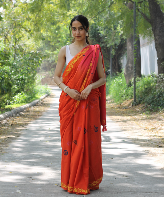 Orange pink blockprinted mulmul saree