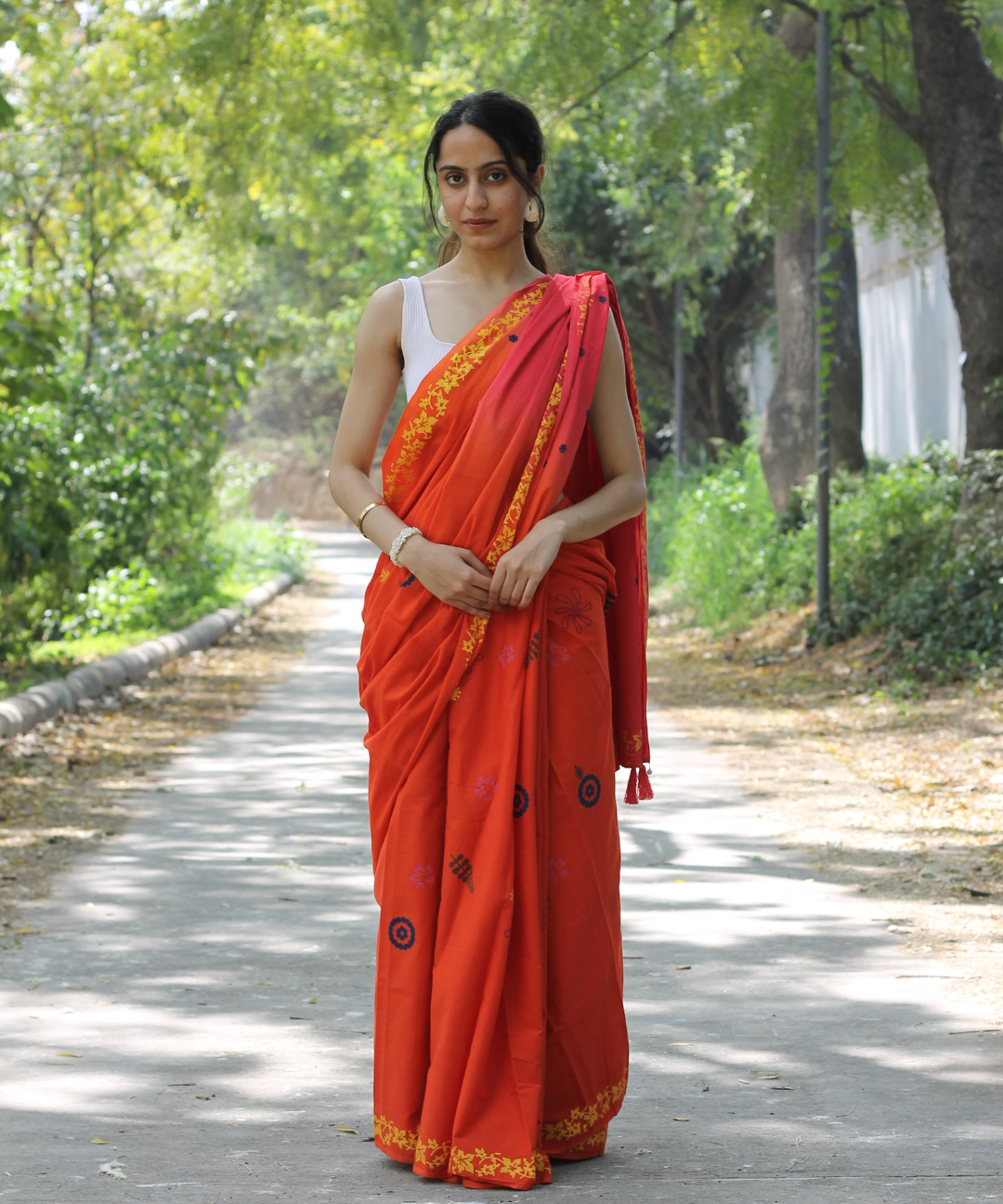 Orange pink blockprinted mulmul saree