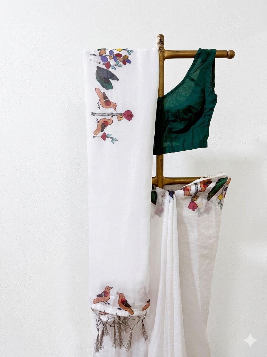 White linen cotton saree