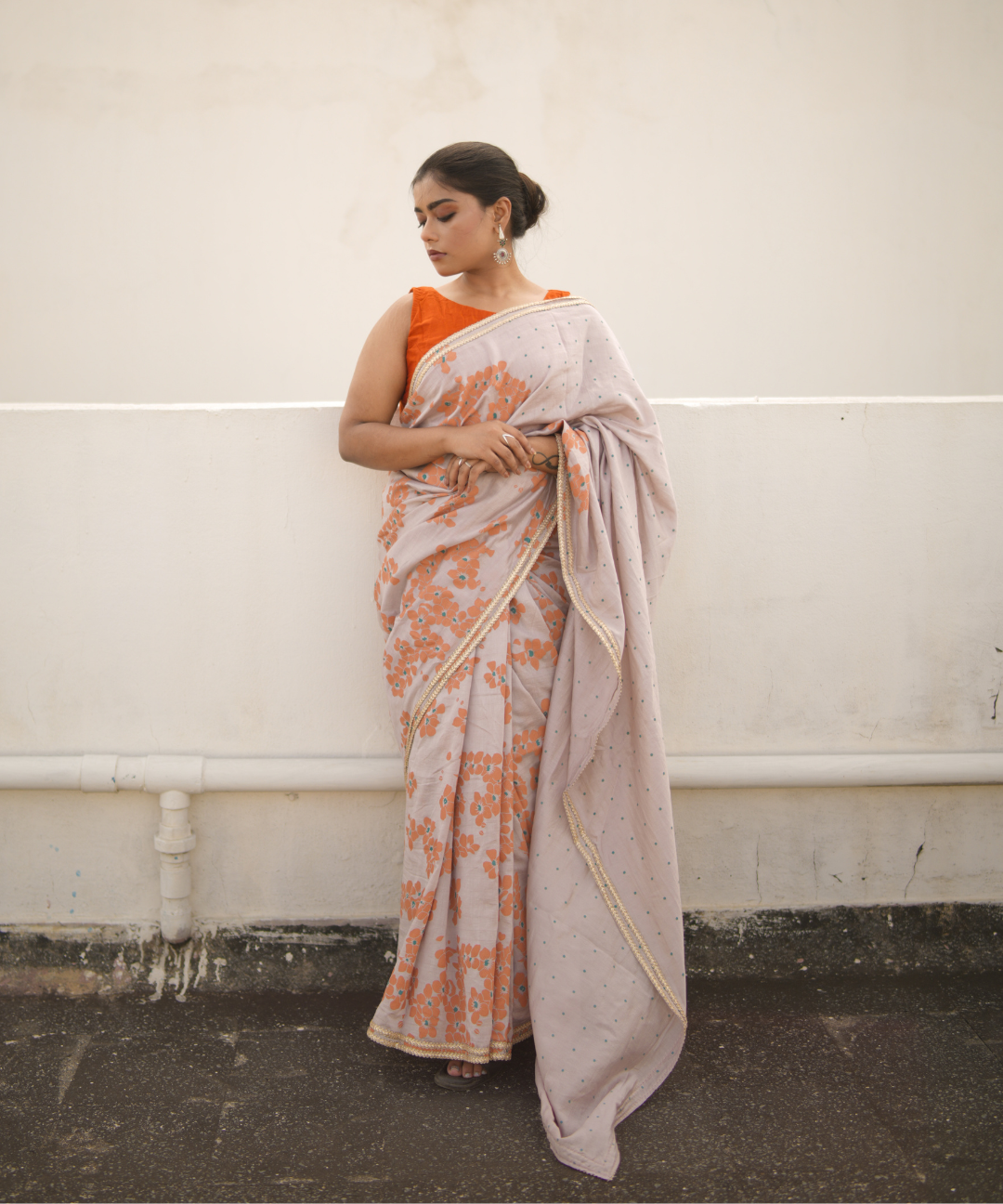 Orange blockprinted chanderi silk saree
