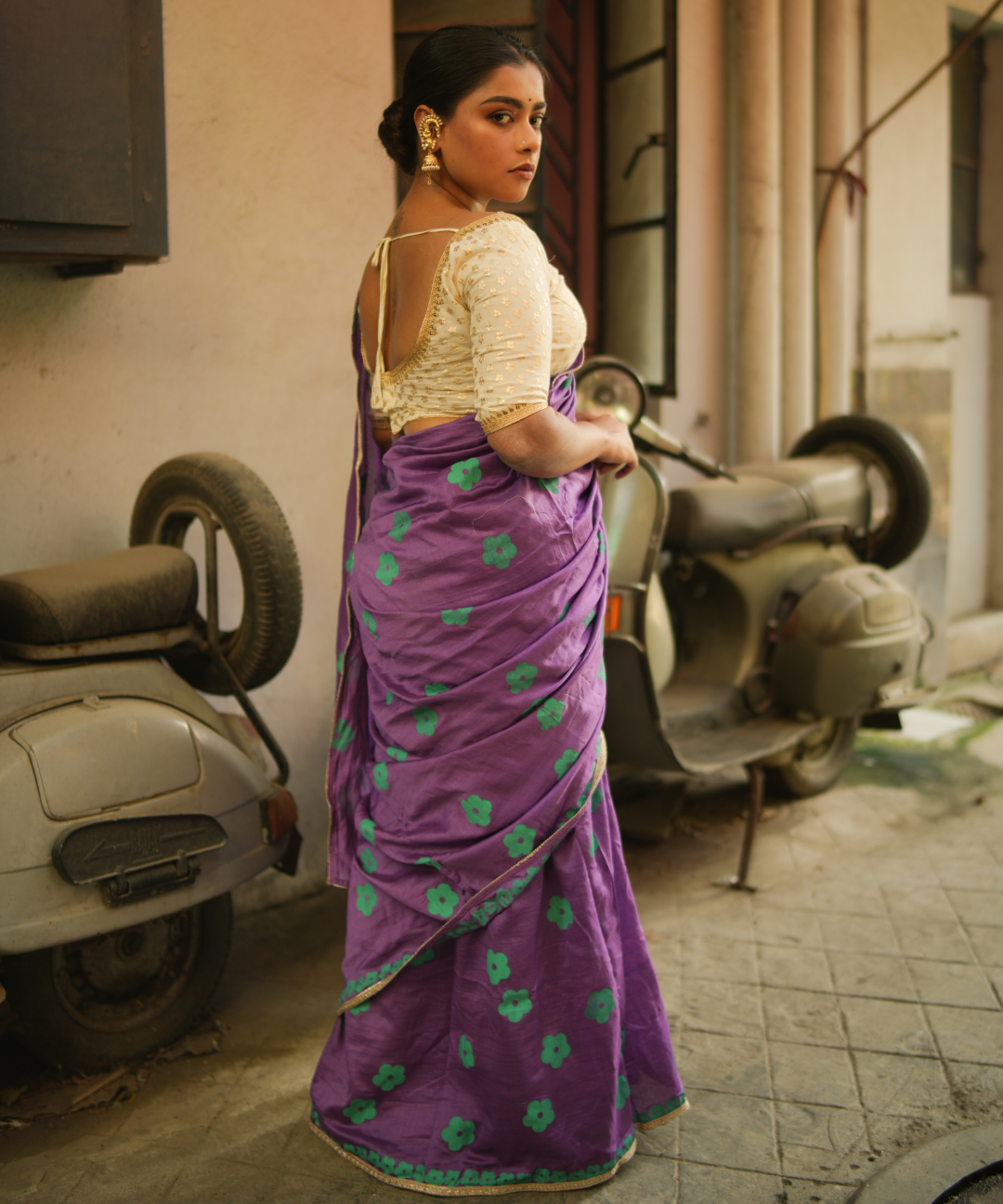Purple blockprinted chanderi silk saree