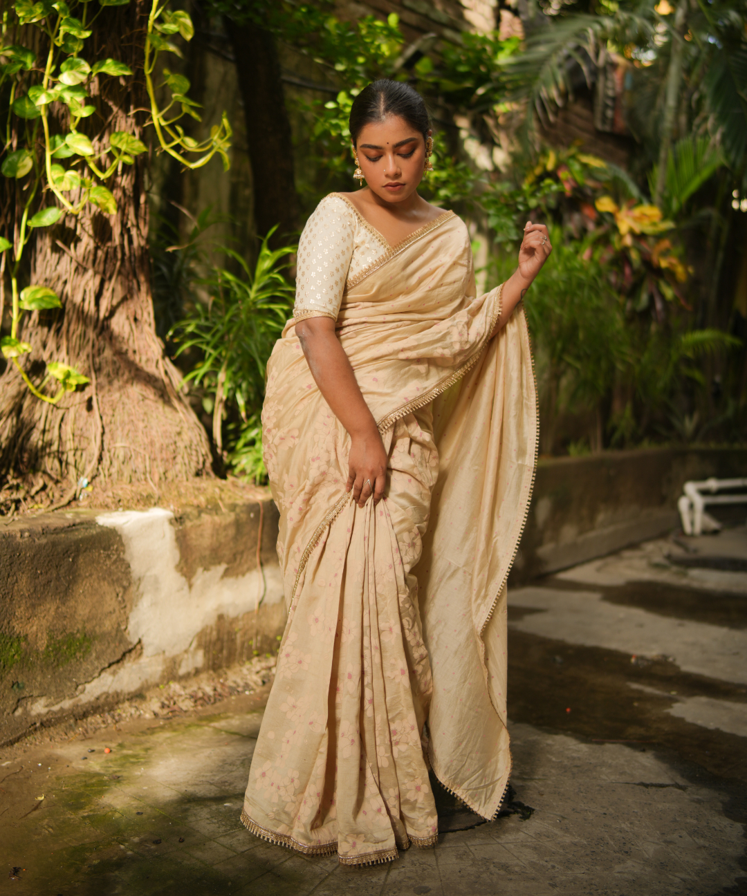 Beige blockprinted chanderi silk saree