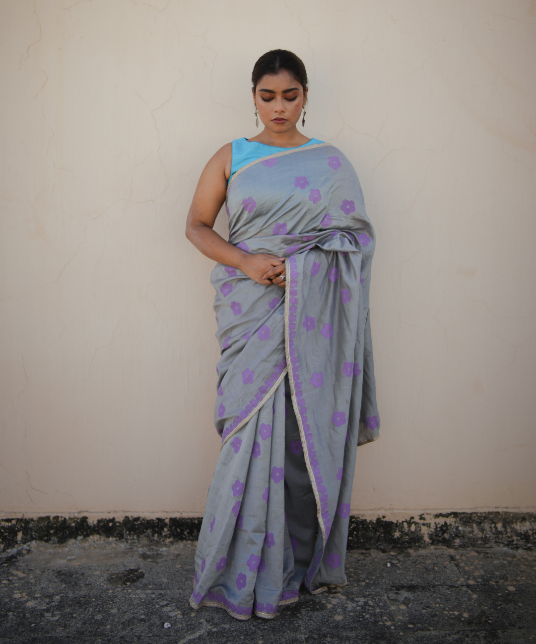 Grey blockprinted chanderi silk saree
