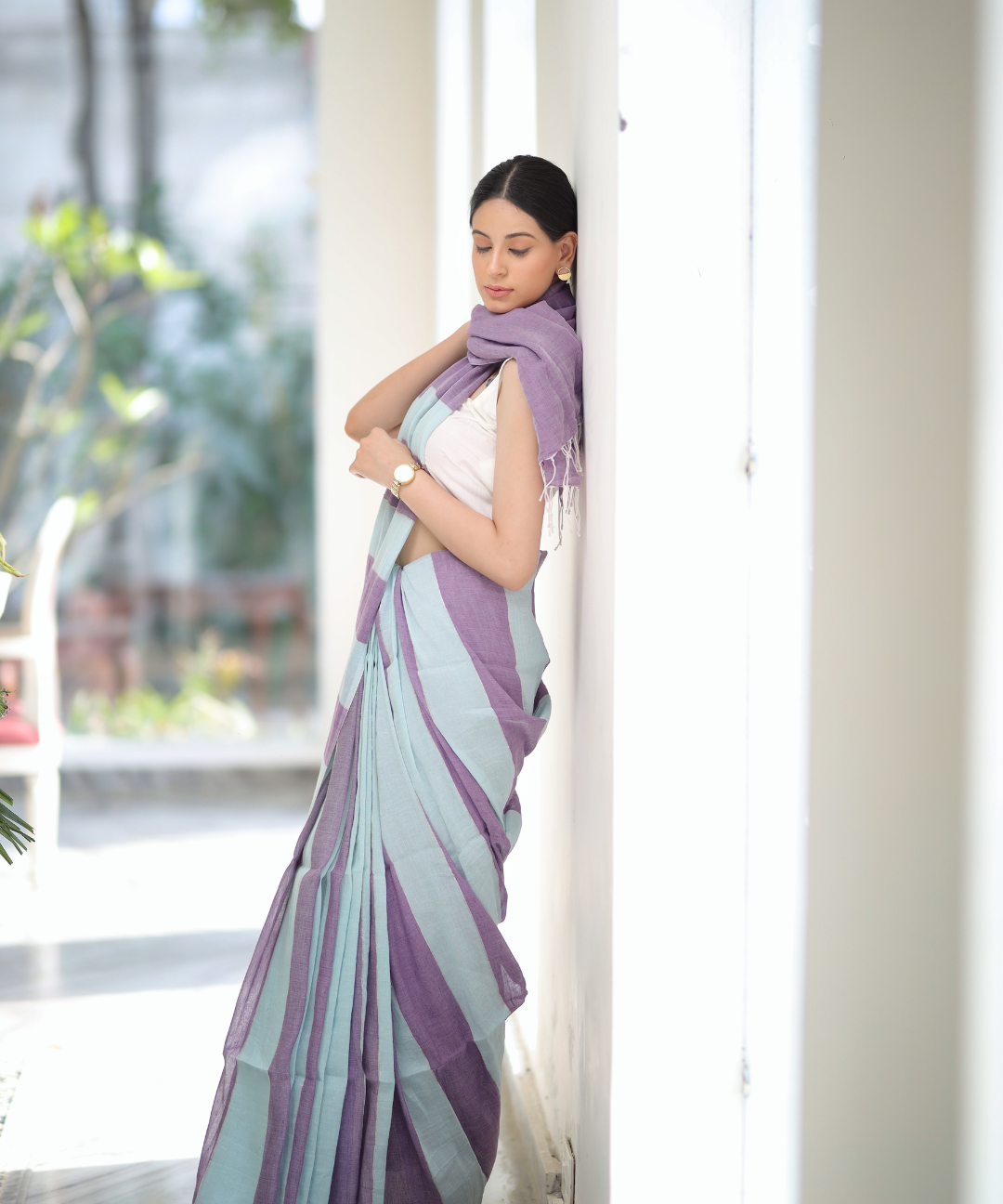 Purple blue striped handwoven linen zari saree