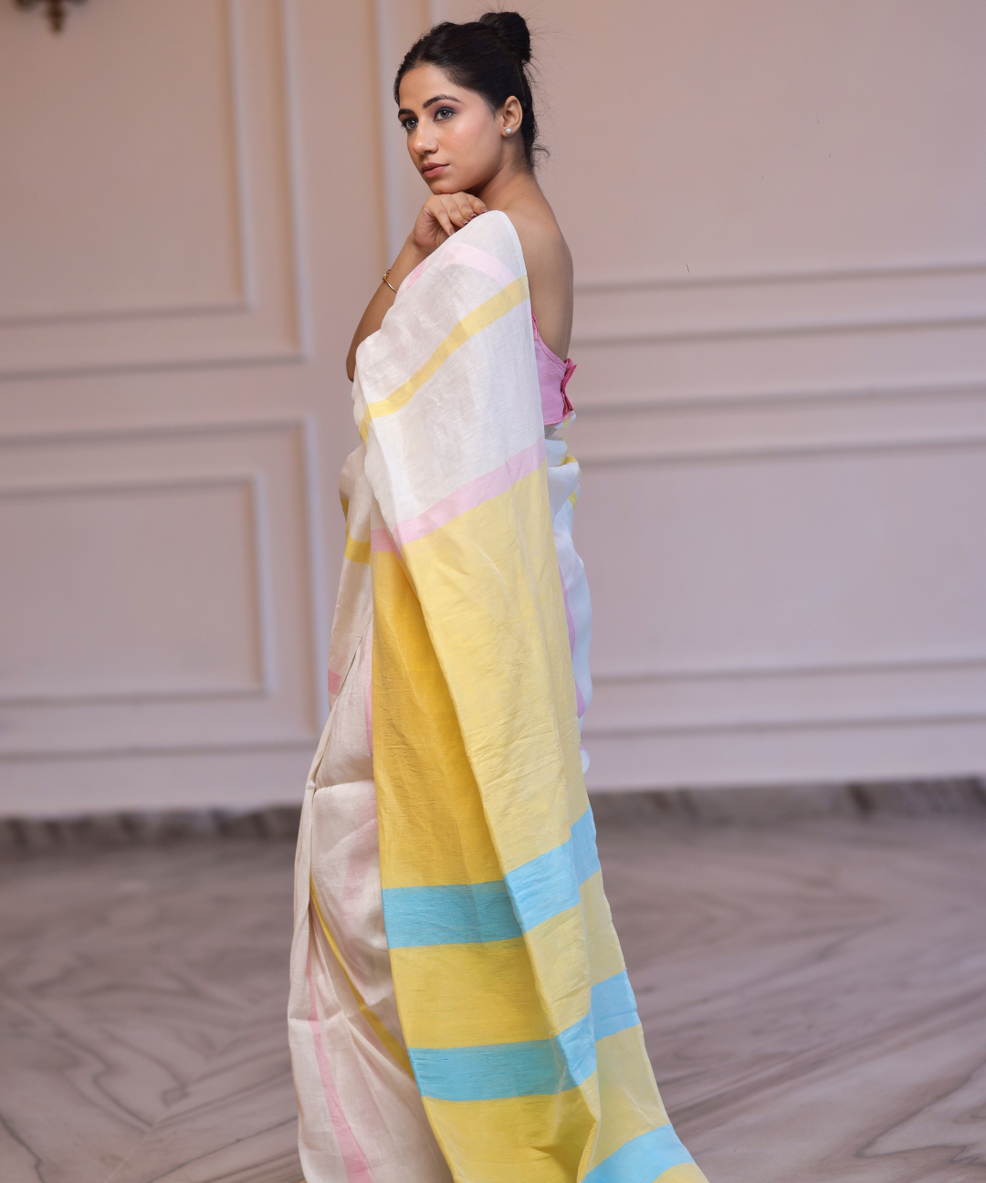 Cream yellow striped handwoven linen saree