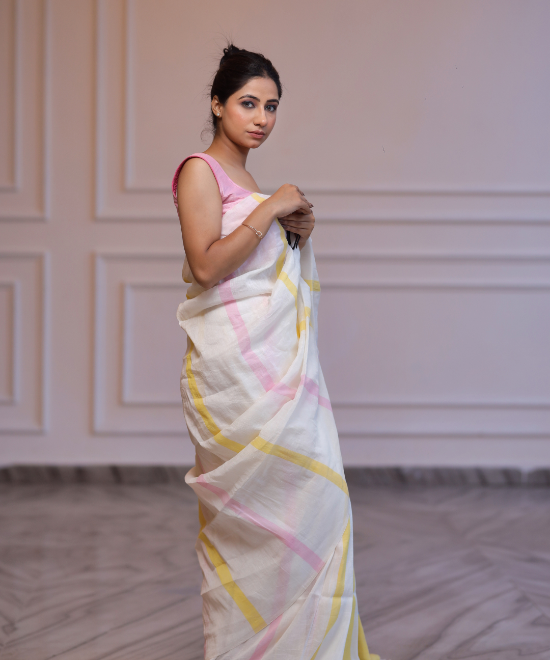 Cream yellow striped handwoven linen saree