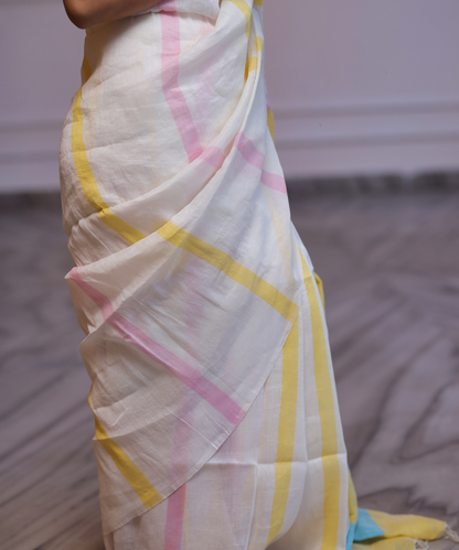 Cream yellow striped handwoven linen saree