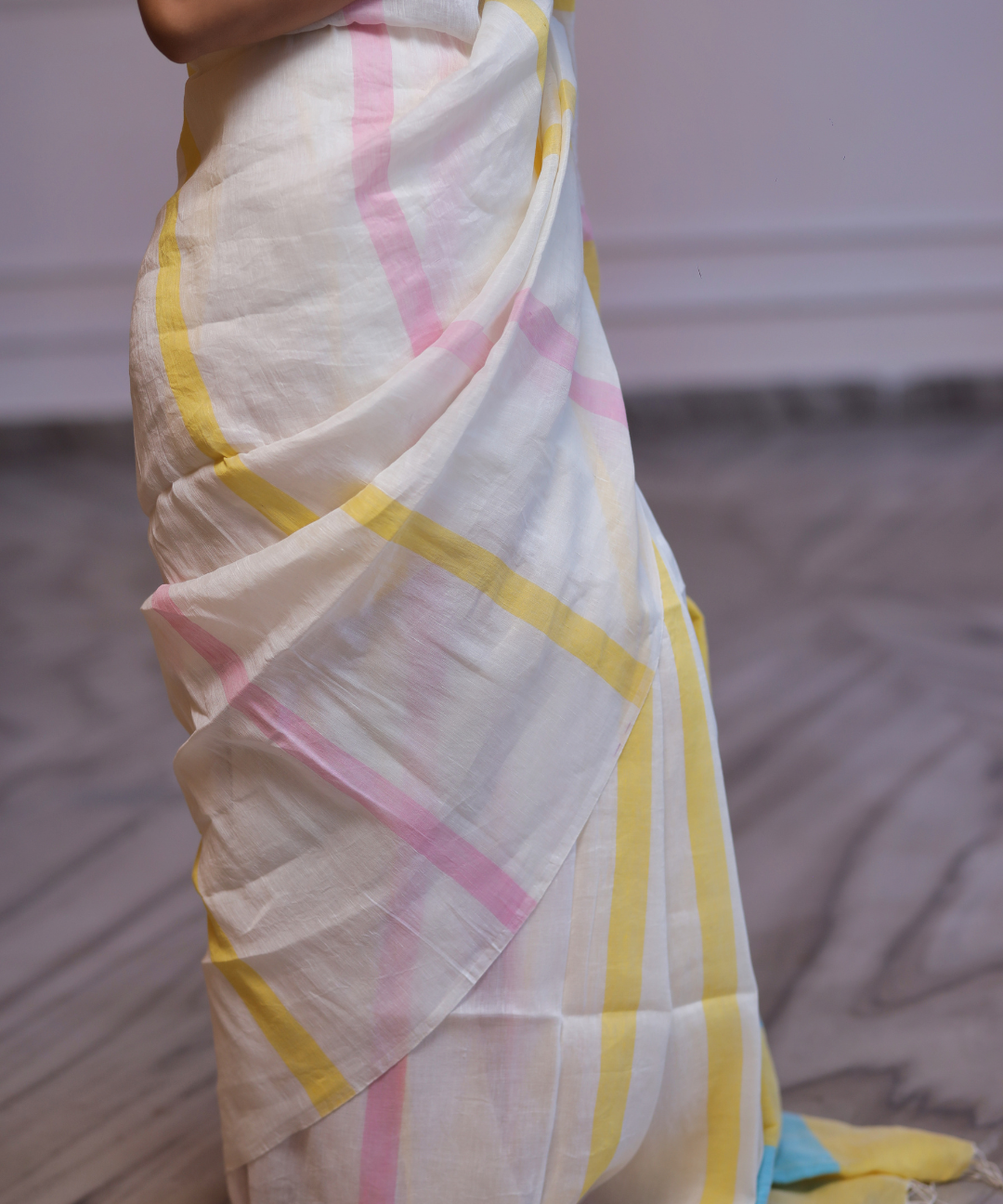 Cream yellow striped handwoven linen saree