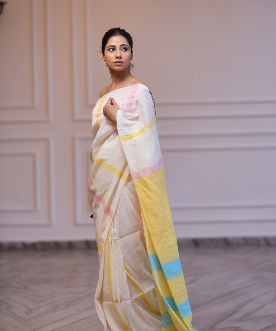 Cream yellow striped handwoven linen saree
