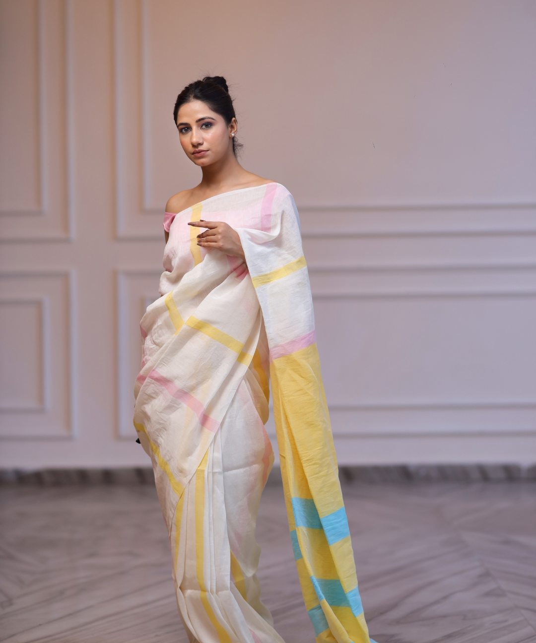 Cream yellow striped handwoven linen saree
