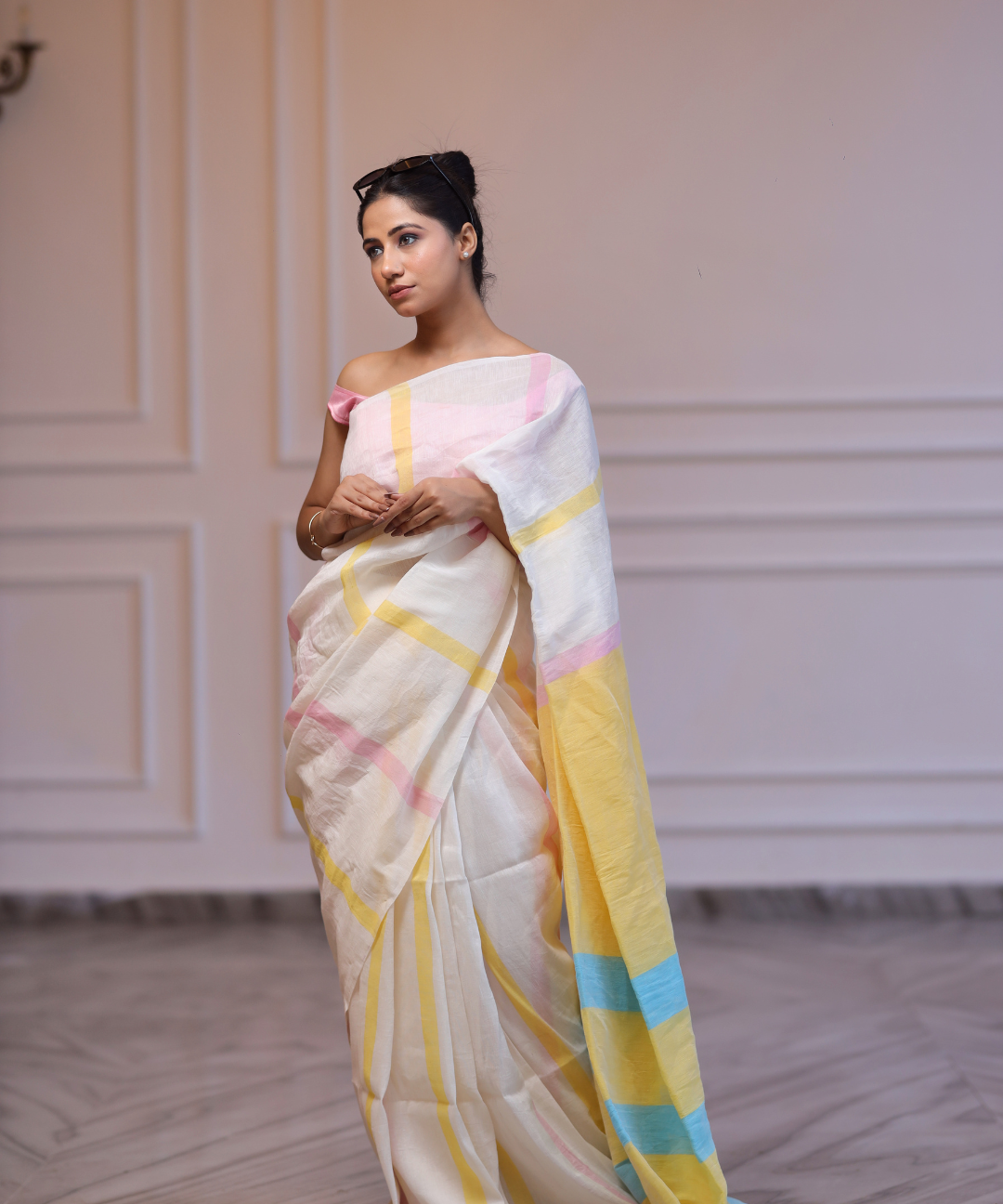 Cream yellow striped handwoven linen saree