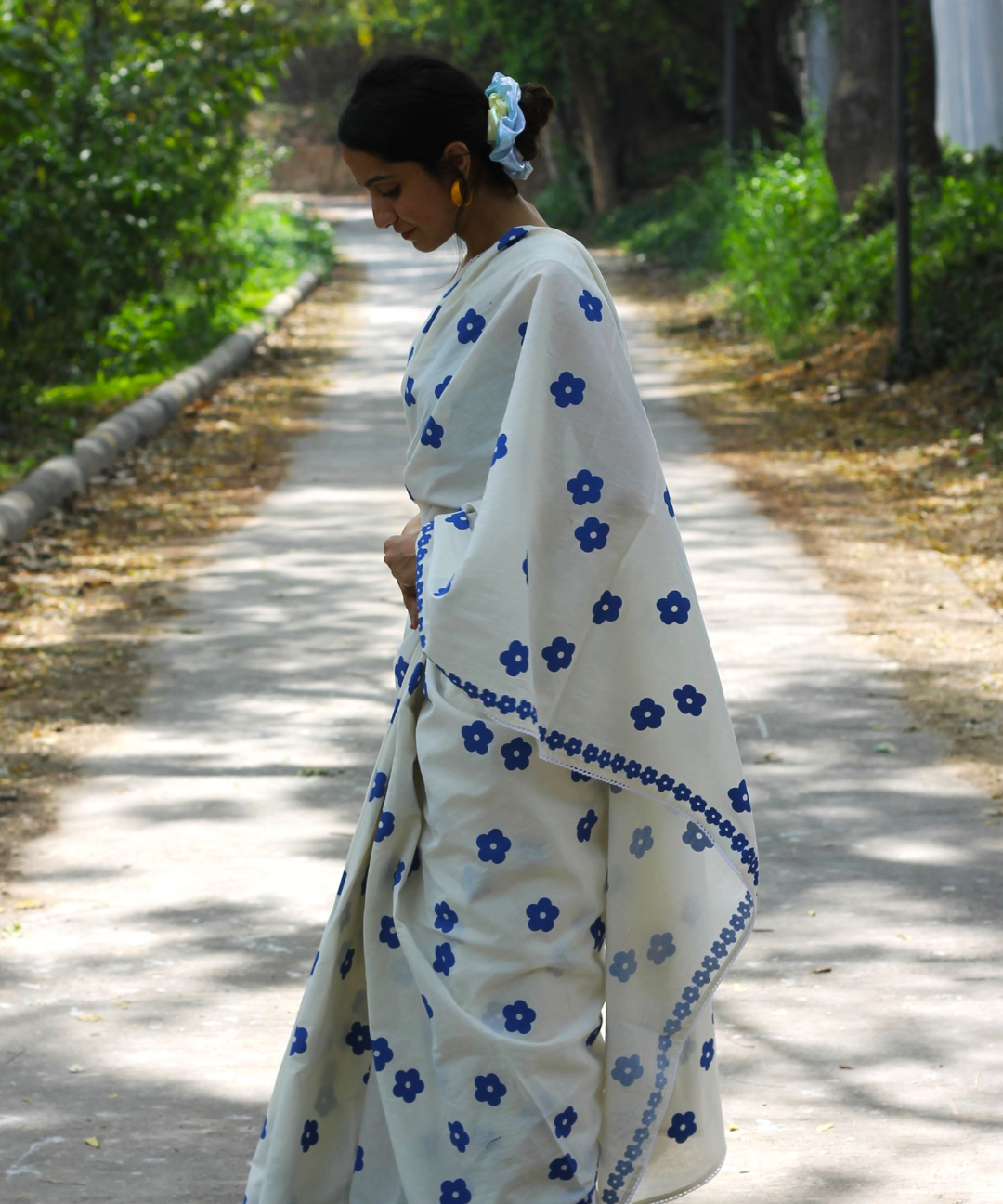 White summer bloom block printed mulmul saree