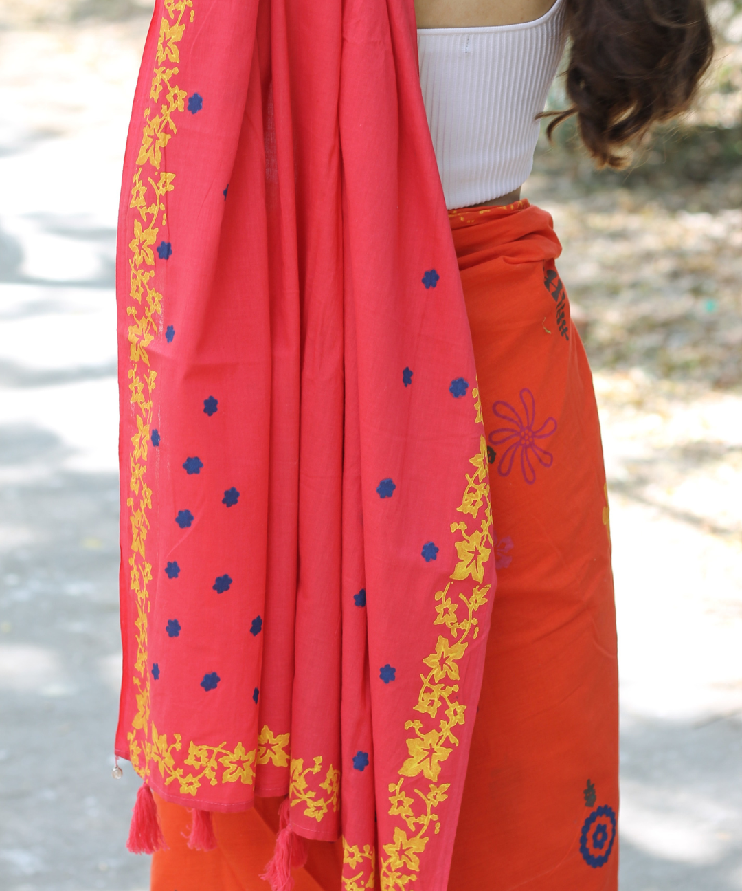 Orange pink blockprinted mulmul saree