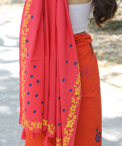 Orange pink blockprinted mulmul saree