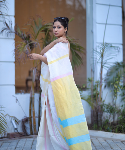 Cream yellow striped handwoven linen saree