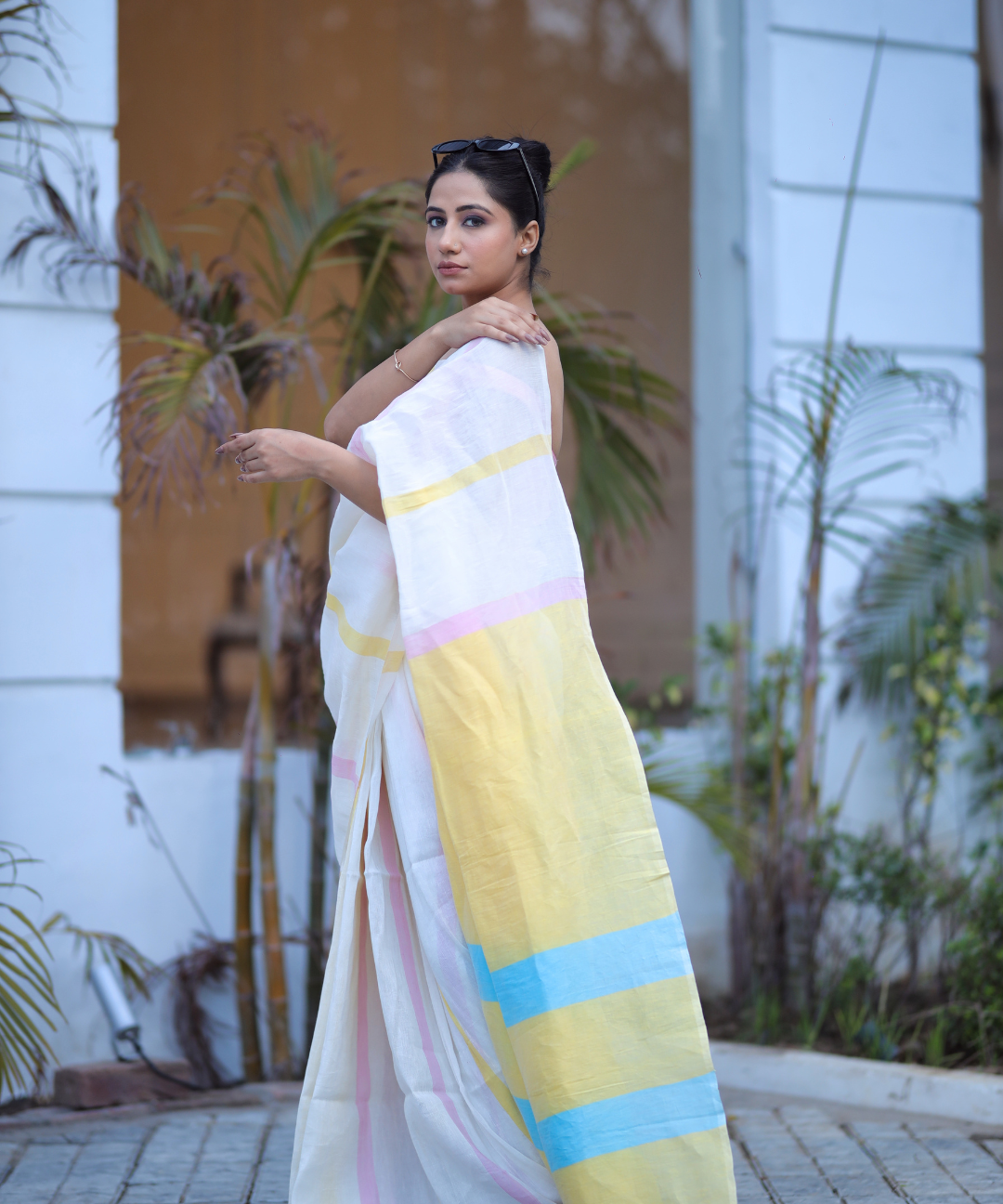 Cream yellow striped handwoven linen saree
