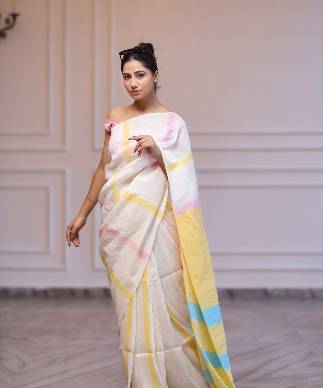 Cream yellow striped handwoven linen saree