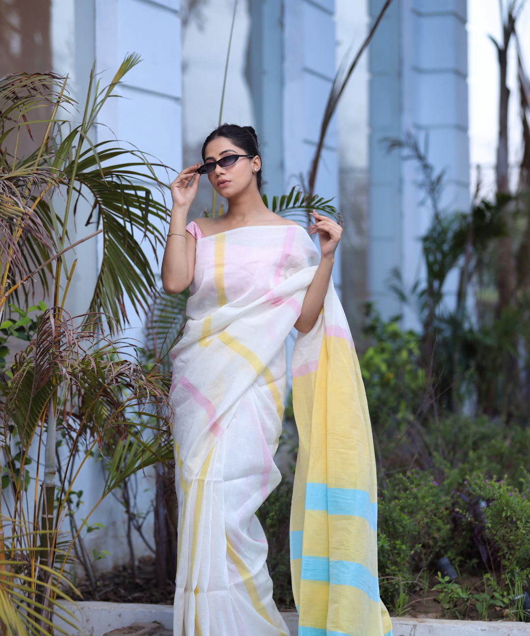 Cream yellow striped handwoven linen saree