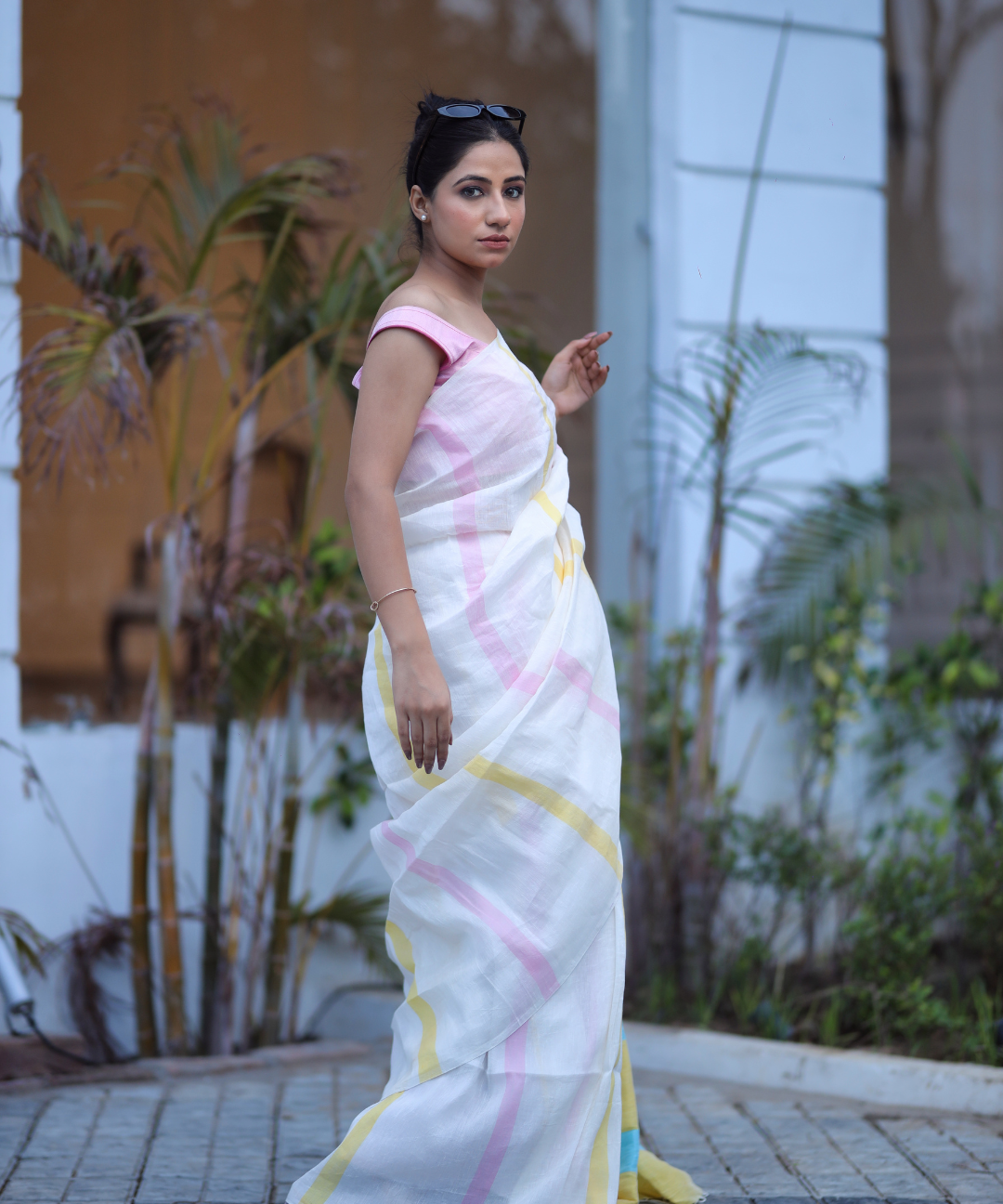 Cream yellow striped handwoven linen saree