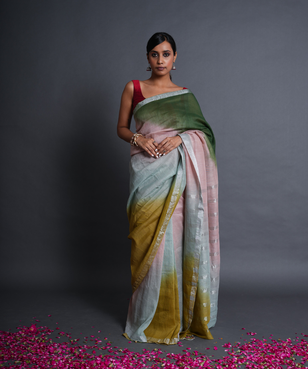 Pink green blue ombre handwoven linen zari saree