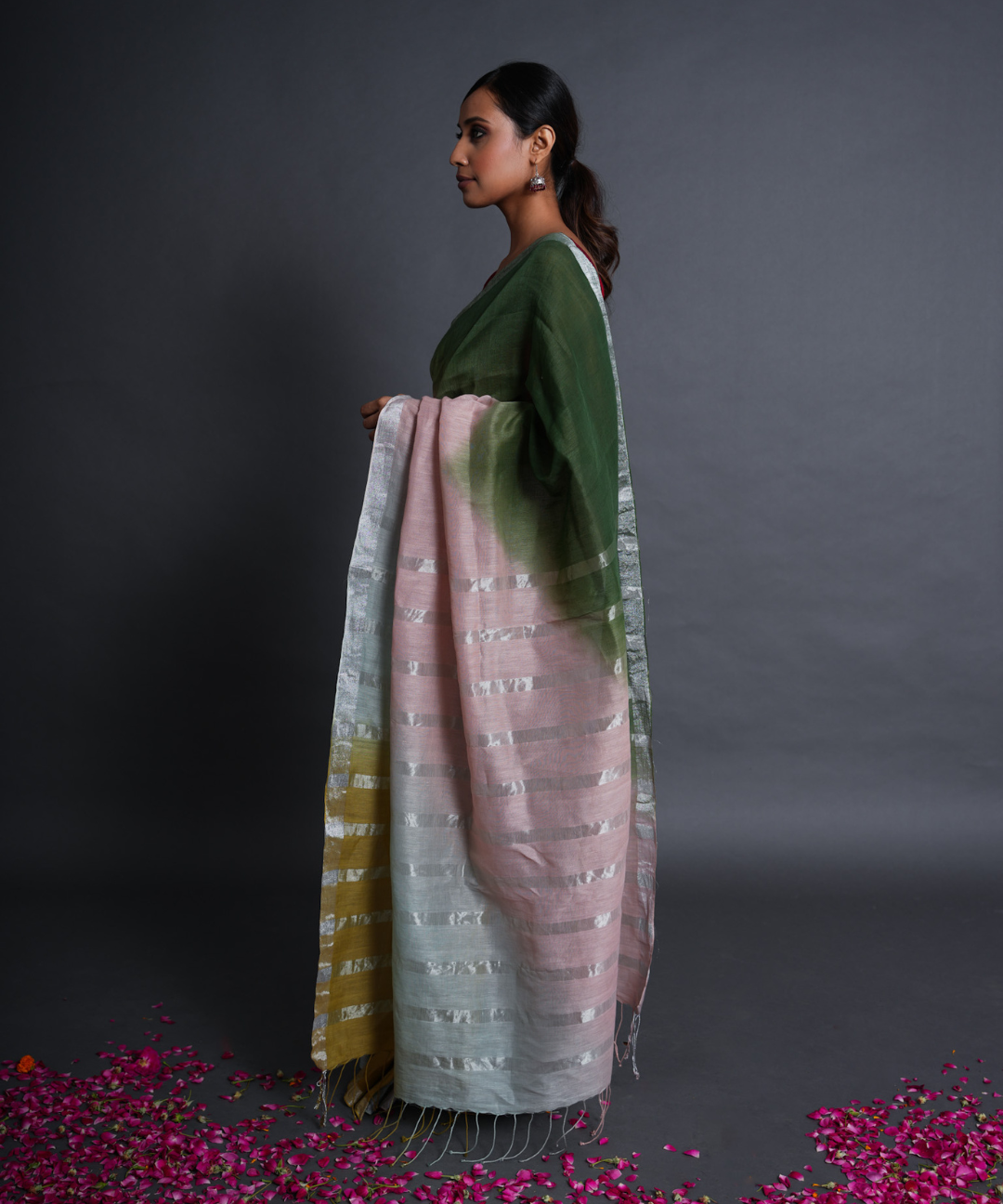 Pink green blue ombre handwoven linen zari saree