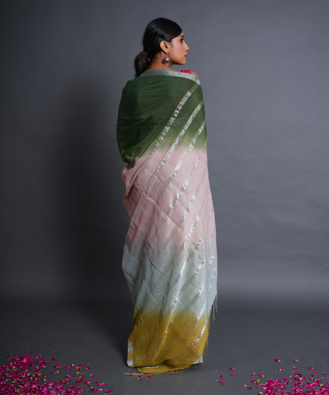 Pink green blue ombre handwoven linen zari saree