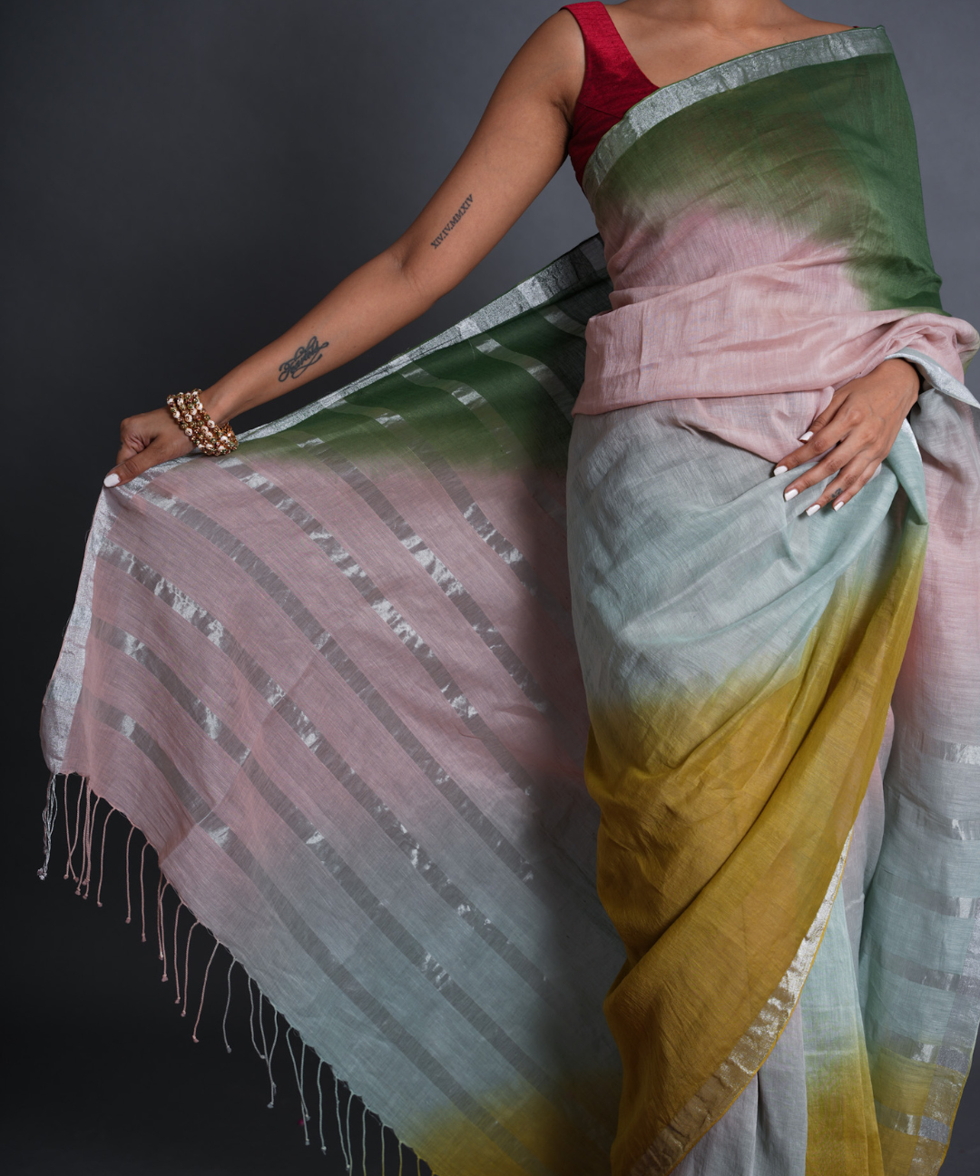 Pink green blue ombre handwoven linen zari saree