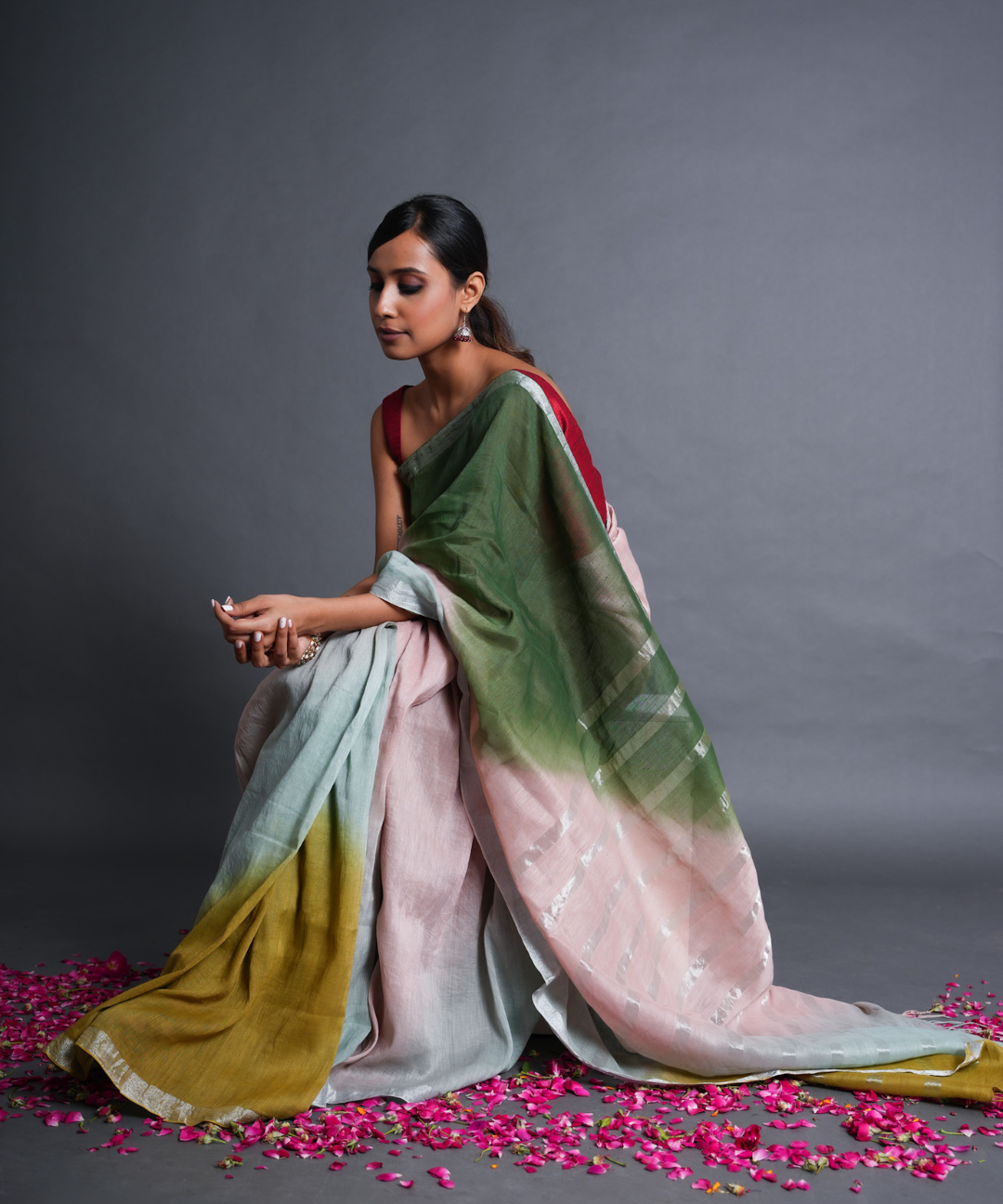 Pink green blue ombre handwoven linen zari saree