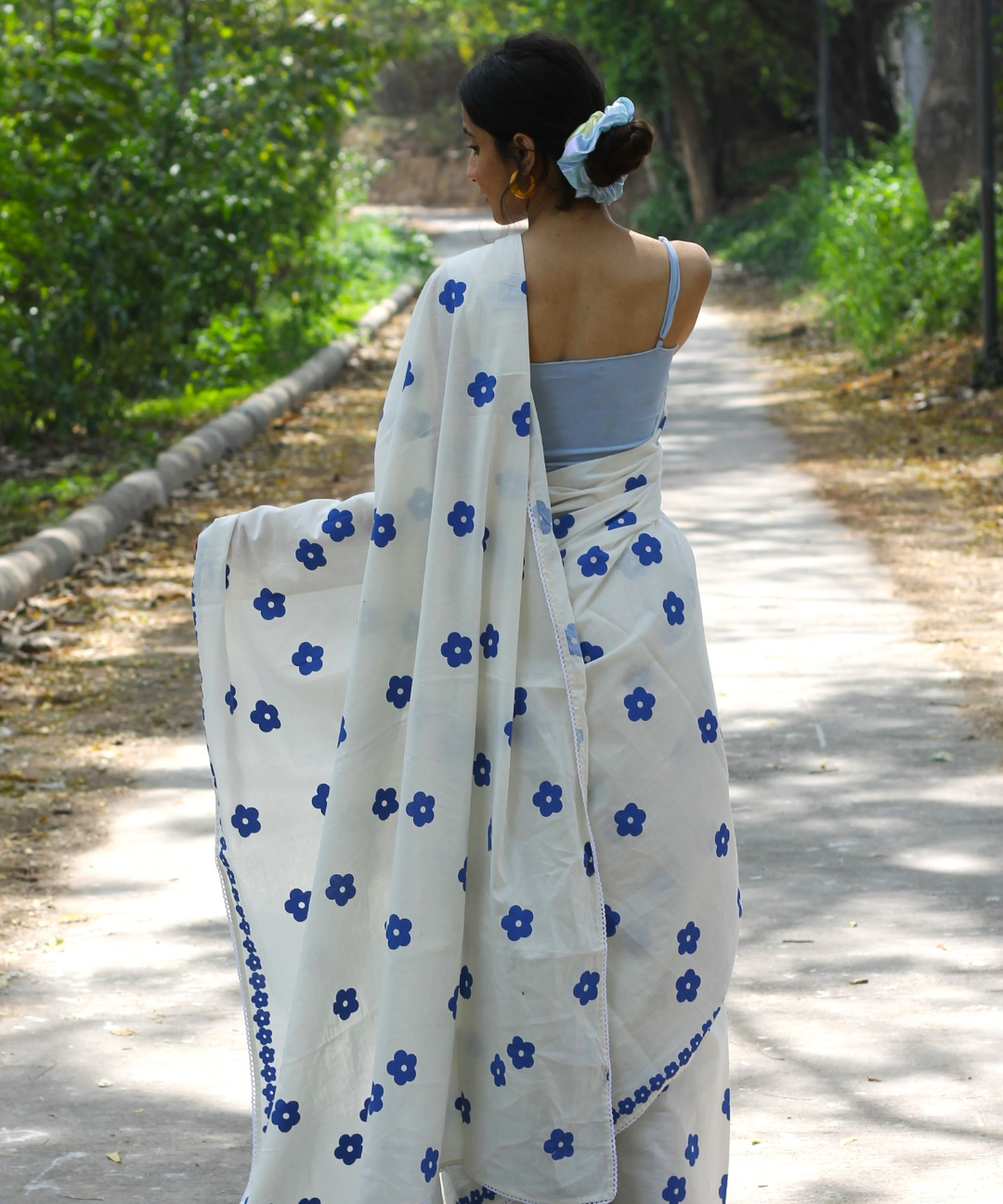White summer bloom block printed mulmul saree