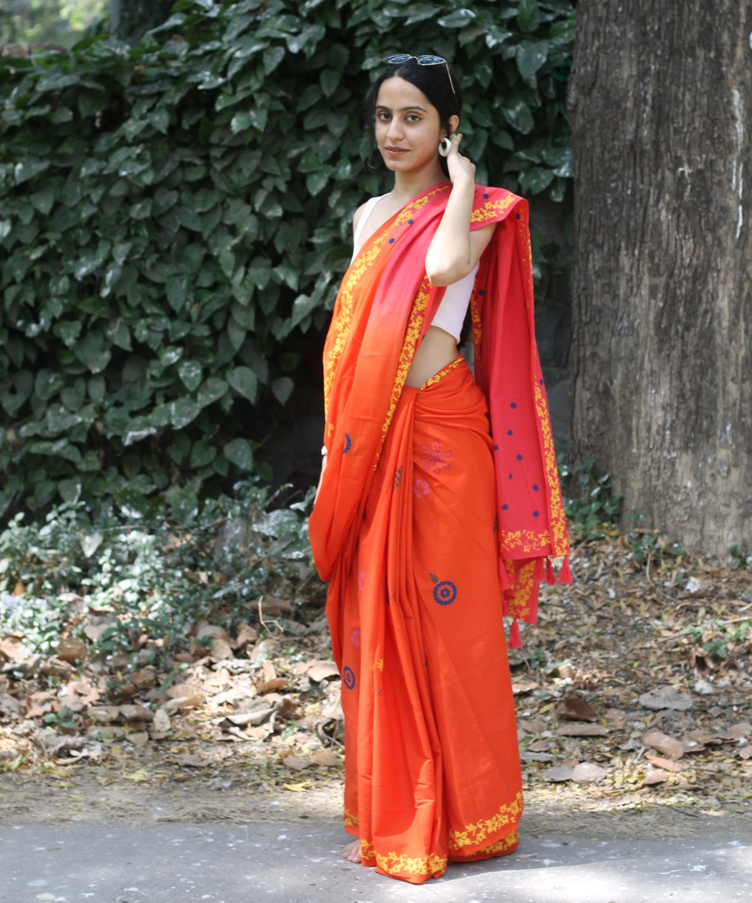 Orange pink blockprinted mulmul saree