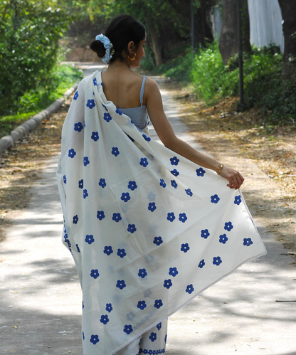 White summer bloom block printed mulmul saree