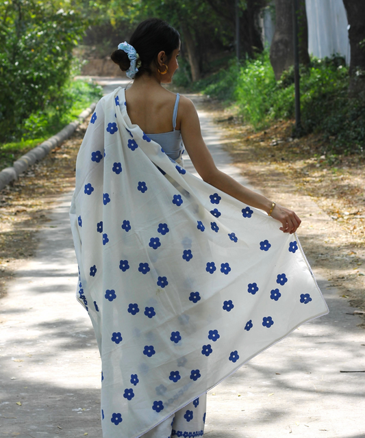 White summer bloom block printed mulmul saree