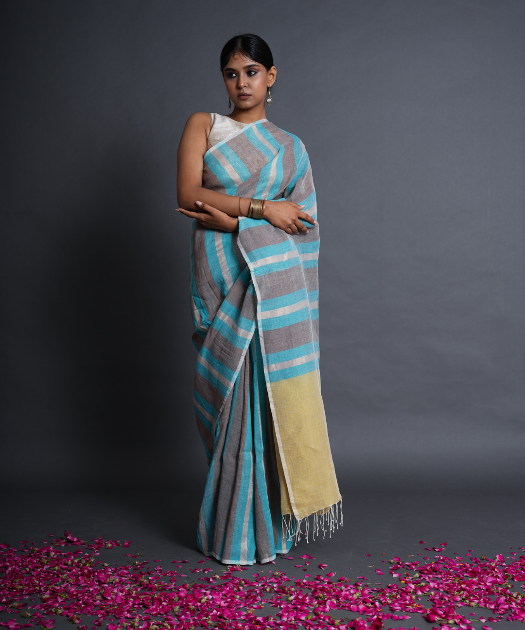 Blue grey striped handwoven linen saree