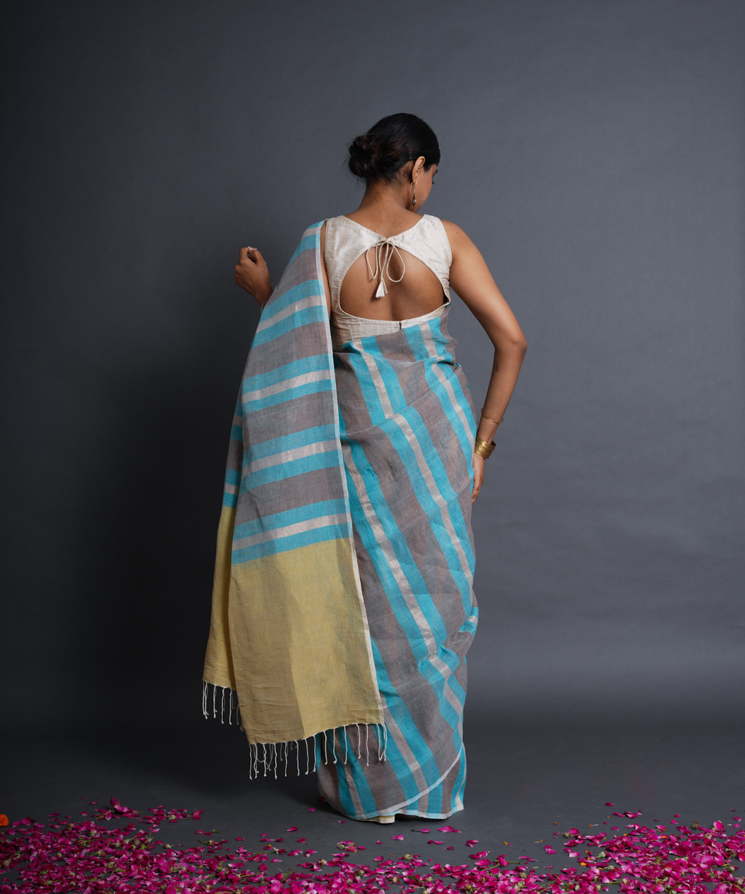 Blue grey striped handwoven linen saree